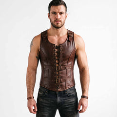 Front view of muscular man wearing handmade brown cowhide leather medieval corset vest with chest lacing, waist buckles, and shoulder straps