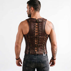 Direct rear view of man modeling brown leather viking waist trainer showing full back spine cord lacing and horizontal cinch buckle straps