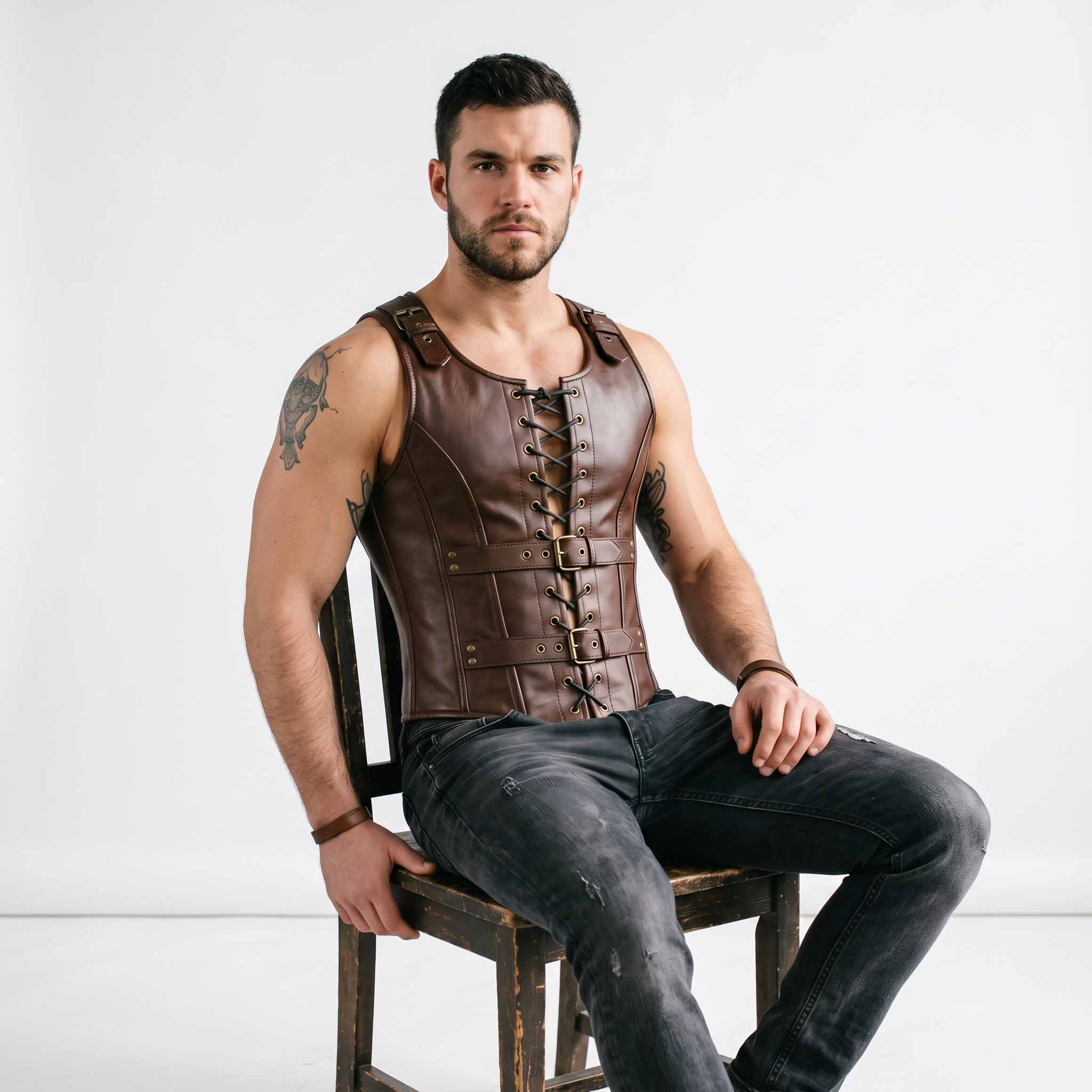 Muscular man seated on rustic wooden chair wearing brown leather gladiator corset vest paired with dark denim jeans