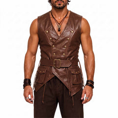 Front view of athletic man modeling brown genuine leather pirate waistcoat showing deep V neck, crossover brass buttons, and pointed hemline