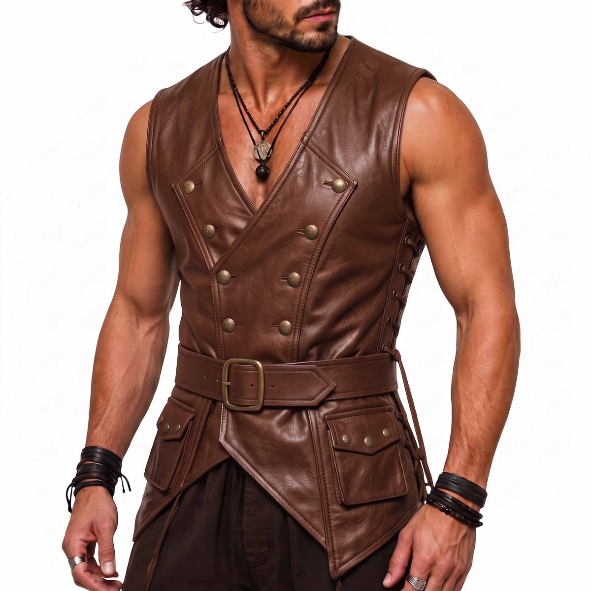 Front three quarter perspective of muscular man wearing handmade brown leather medieval vest with double breasted buttons and buckled waist belt