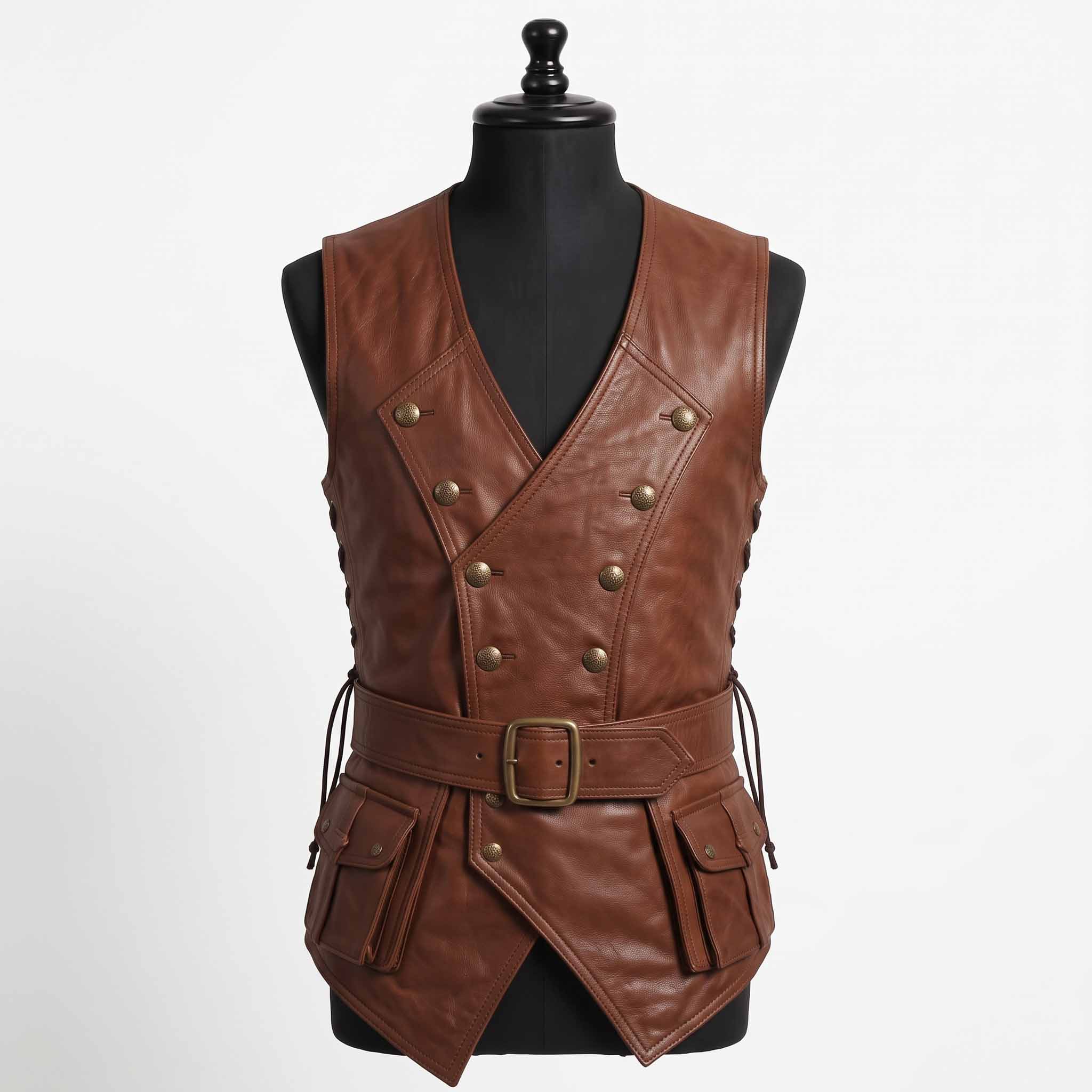 Front studio product shot of brown leather renaissance jerkin on tailoring mannequin displaying brass buttons, side lacing, and cargo hip pockets