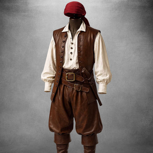 Front studio shot of the handmade brown leather pirate costume set on a mannequin, showing the buttoned vest, dual brass buckle belts, and leather slops trousers (white shirt, boots, and bandana not included).