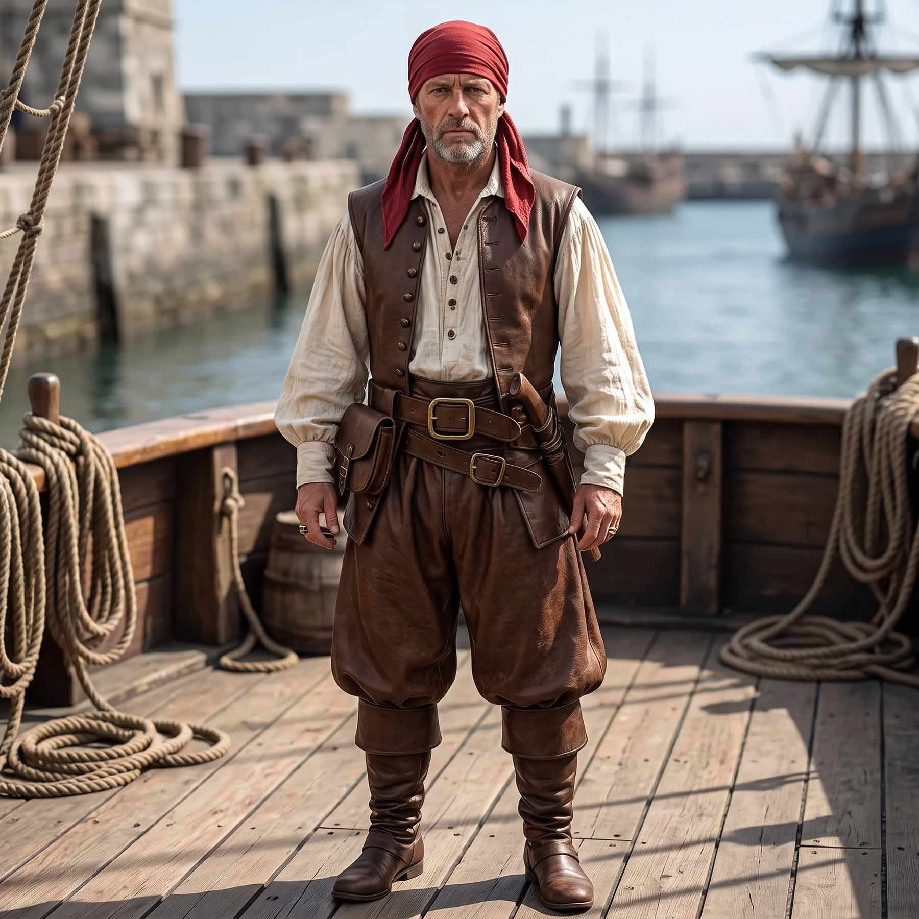 Full-length photo of a pirate captain wearing the brown leather vest and leather slops trousers standing on a historic wooden ship deck (white shirt, boots, and bandana not included).