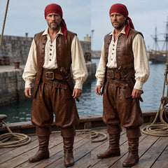 Side-by-side outdoor shots of a model posing in the handcrafted pirate rogue leather vest and breeches set on a ship harbor deck (shirt, bandana, and boots not included).