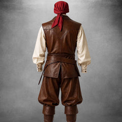 Rear view of the brown leather pirate waistcoat displaying the tailored back yoke seam, side-split peplum flaps, and gathered trouser cut.