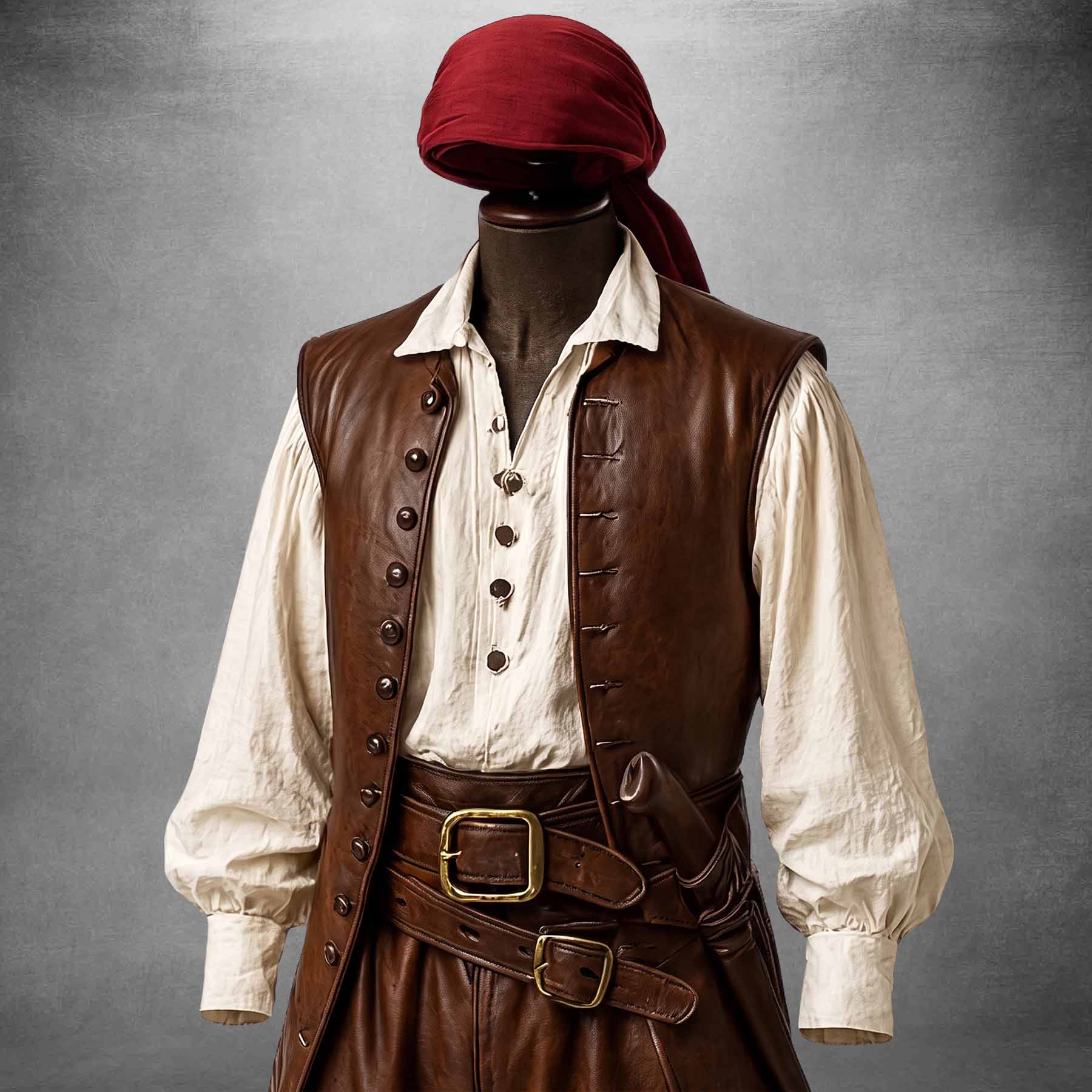 Close-up detail of the brown cowhide leather vest with antique shank buttons and dual buckled leather belts (undershirt not included).