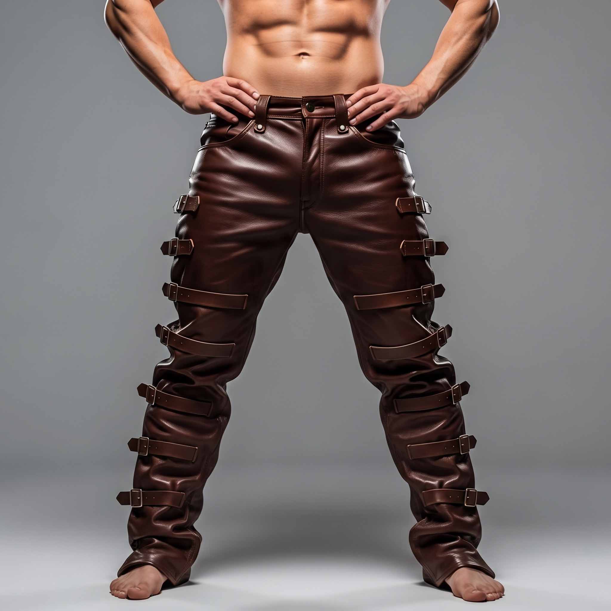 Full front view of muscular man wearing handmade brown cowhide leather pants with multiple side roller buckle straps on grey background