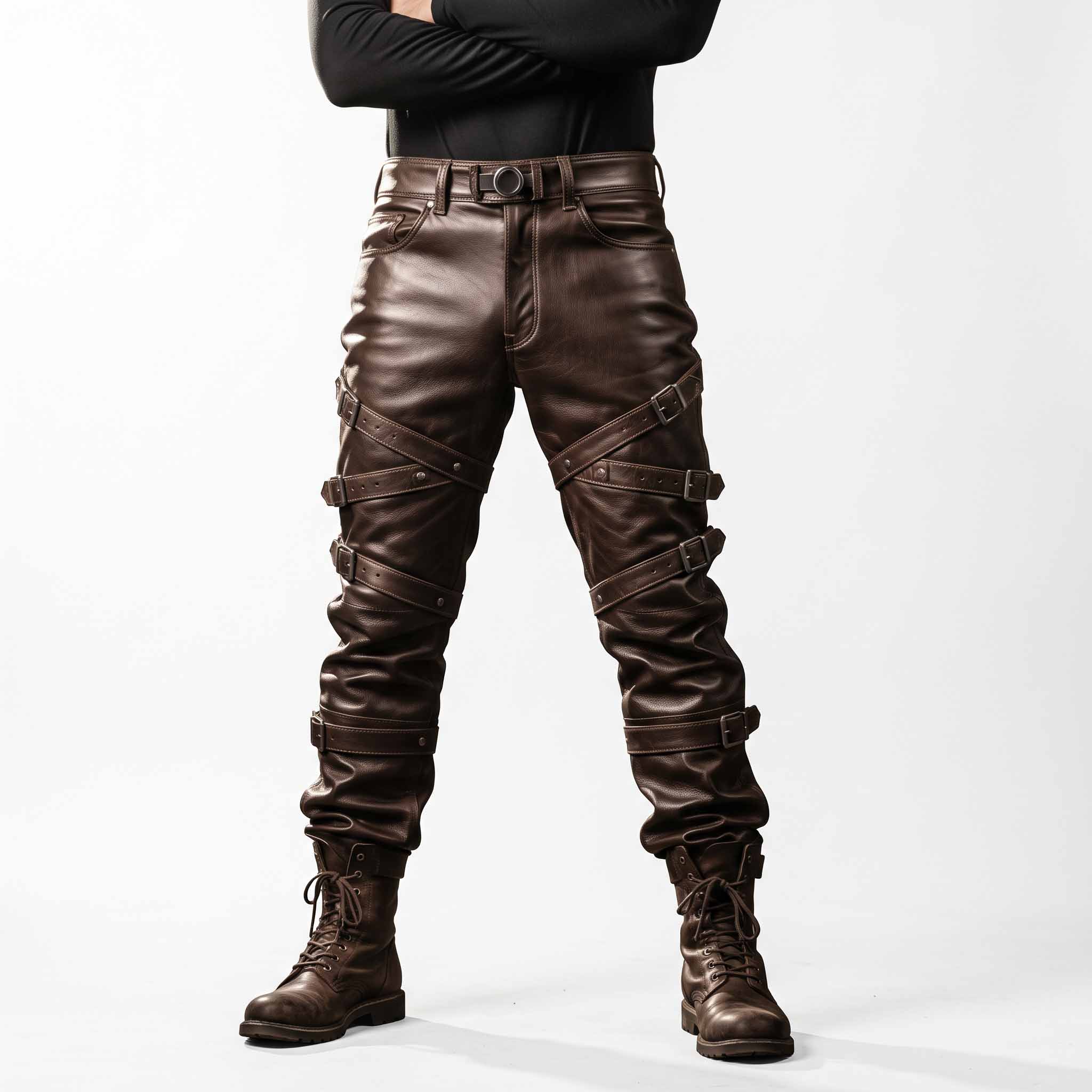 Full length front studio shot of man wearing handmade brown cowhide leather pants with wrap around buckle straps and combat boots on white background