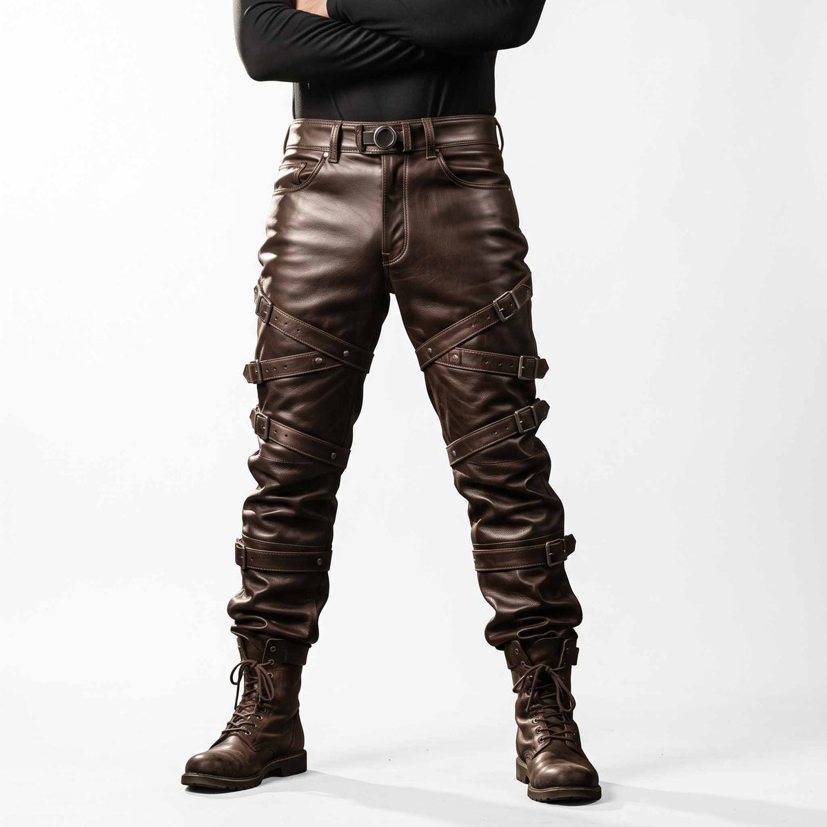 Full length front studio shot of man wearing handmade brown cowhide leather pants with wrap around buckle straps and combat boots on white background