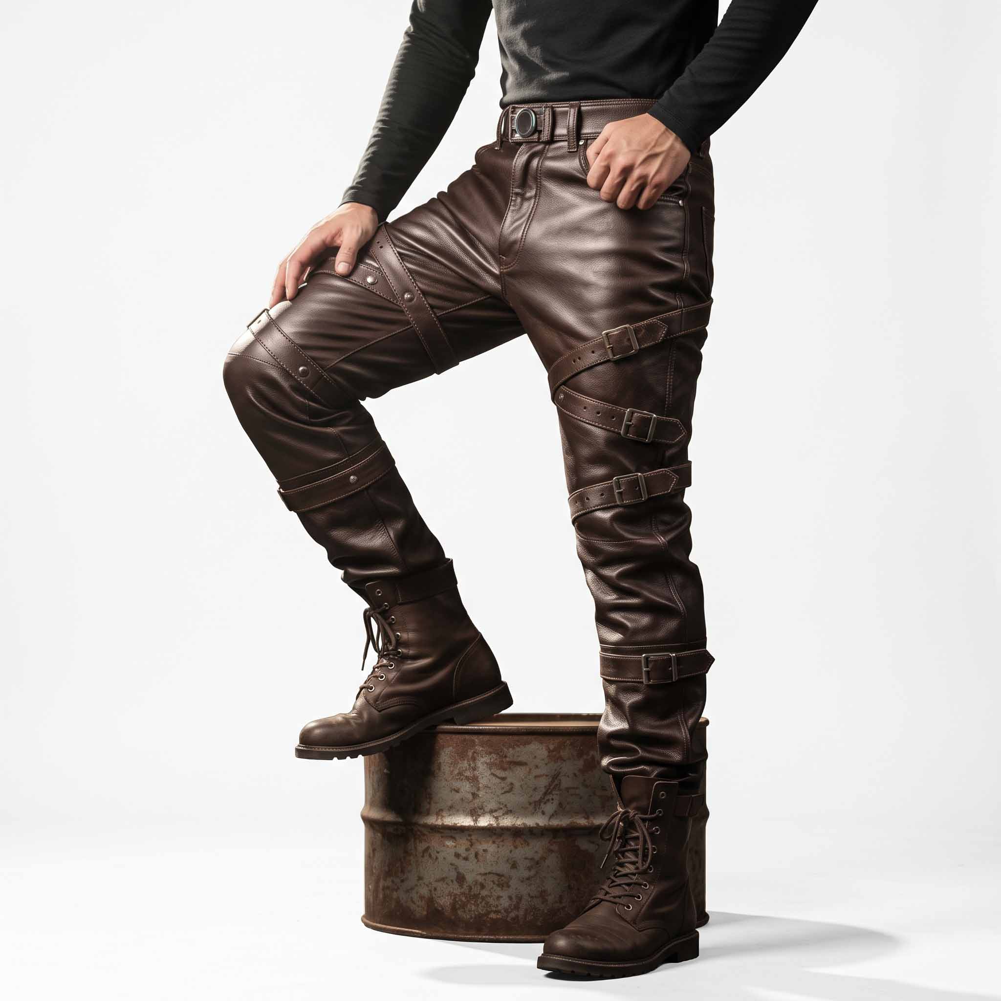 Man posing with one foot on rustic barrel wearing brown leather steampunk strap pants highlighting criss-cross thigh straps and roller buckles