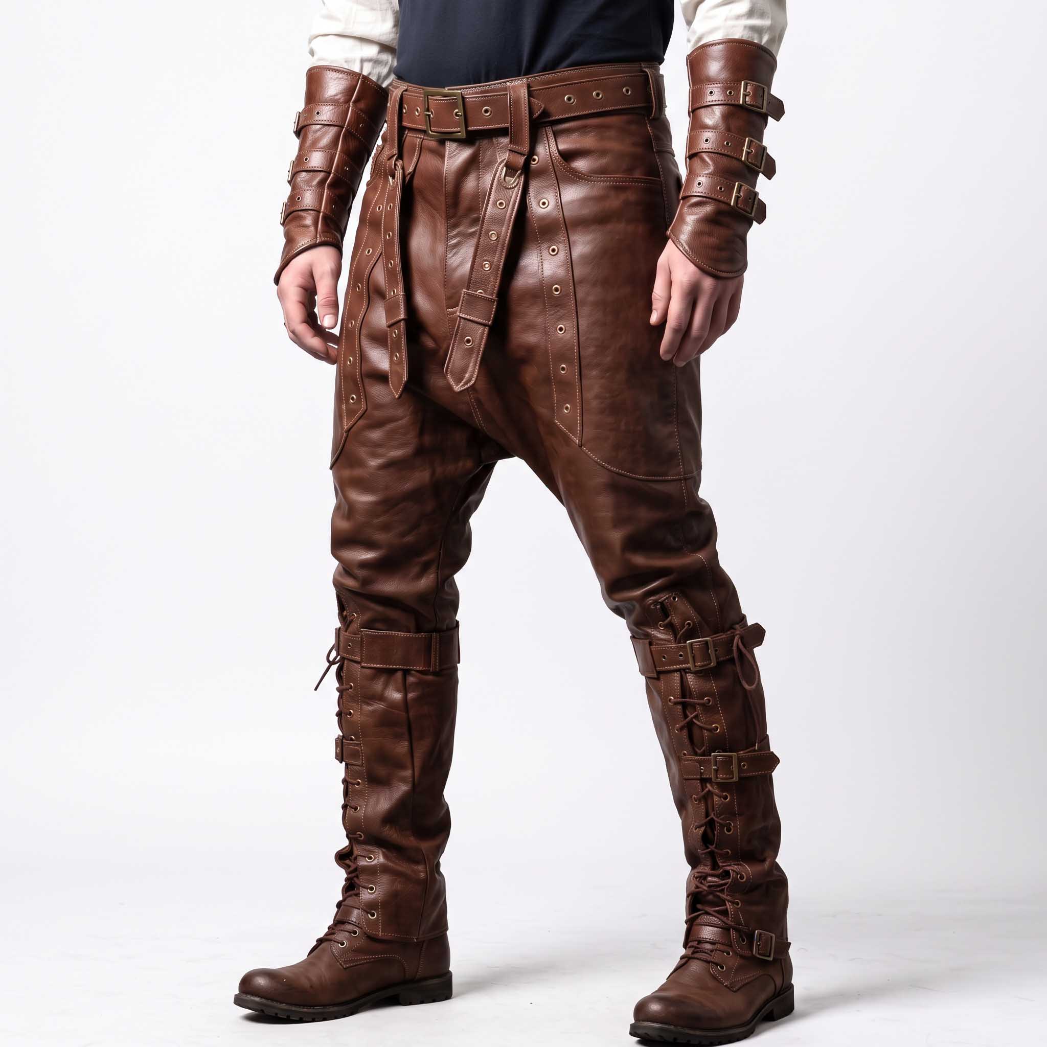 Front three quarter perspective of man modeling brown leather steampunk trousers highlighting integrated eyelet waist belt and buckled arm bracers