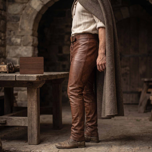 Side profile view of tailored brown leather medieval pants detailing smooth leather grain and tapered leg cut beside a rustic wooden table