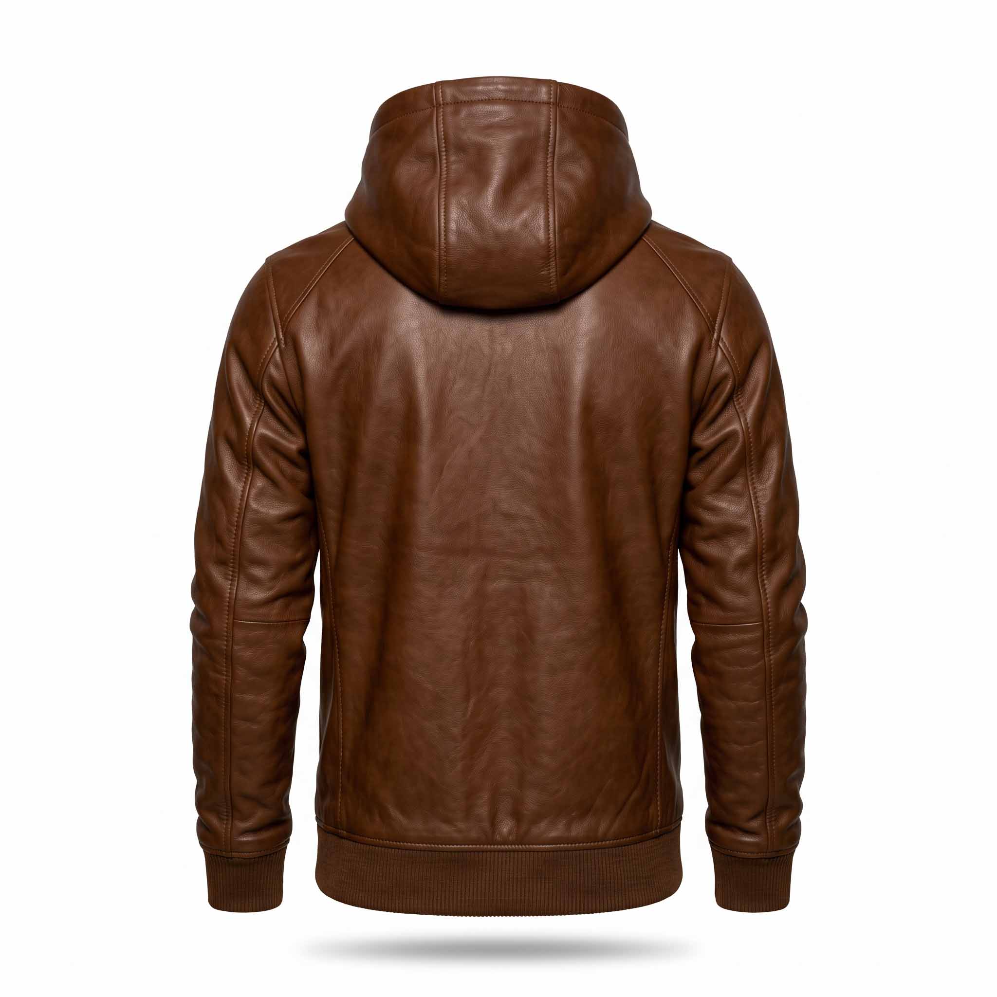 Back studio view of mens brown leather hoodie on invisible mannequin displaying center spine seam and ribbed knit hemline