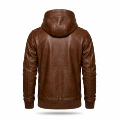 Back studio view of mens brown leather hoodie on invisible mannequin displaying center spine seam and ribbed knit hemline