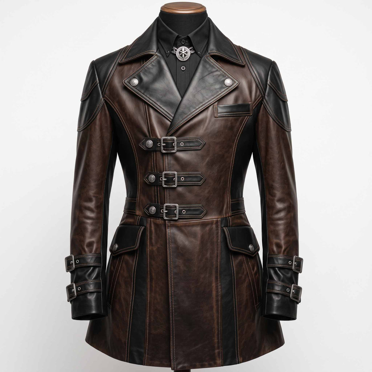 Front view of handmade brown and black leather steampunk coat with wide lapels, triple front buckles, and armored shoulders on tailor mannequin