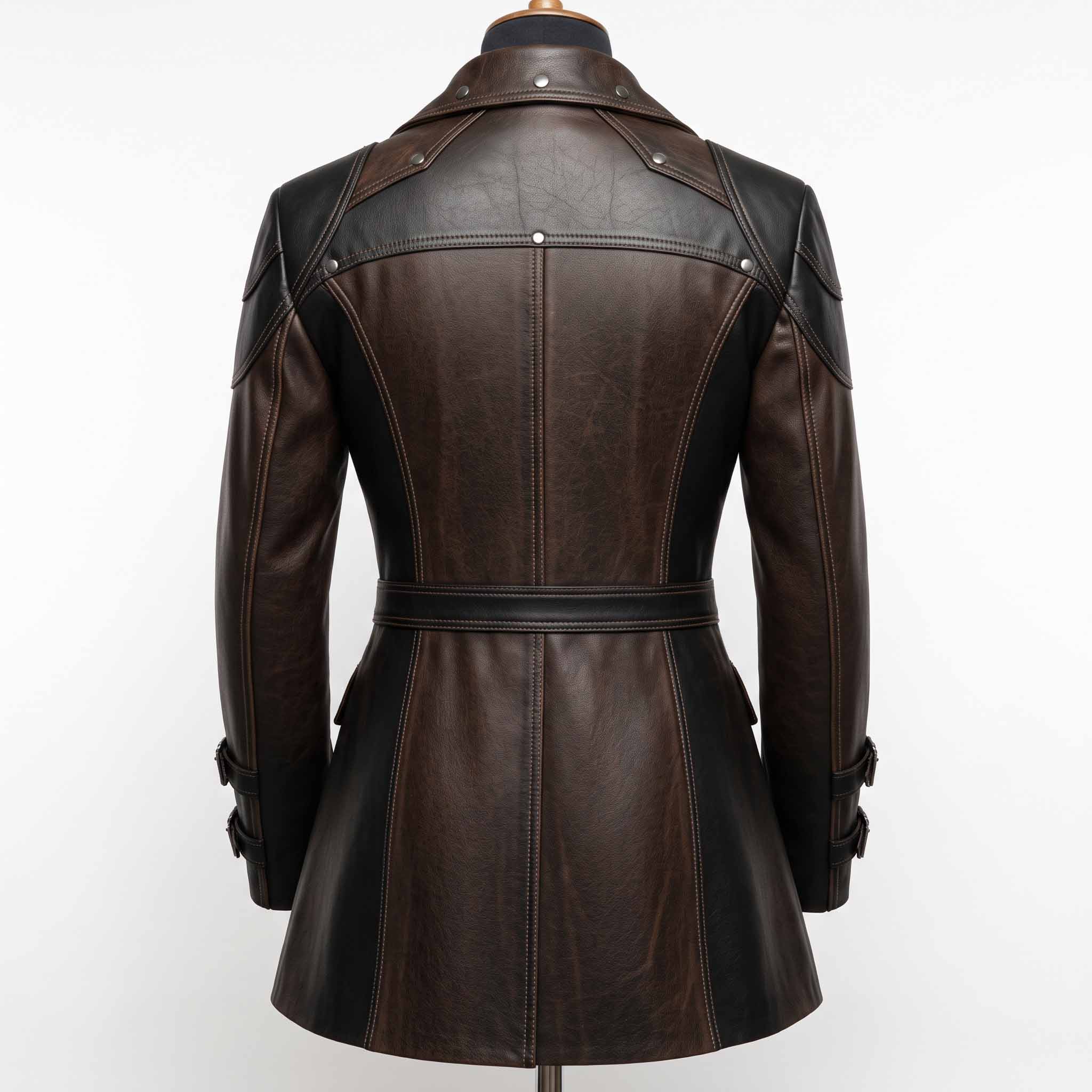 Back view of mens two tone brown leather frock coat showing riveted back yoke, black waist belt, and tailored spine seams
