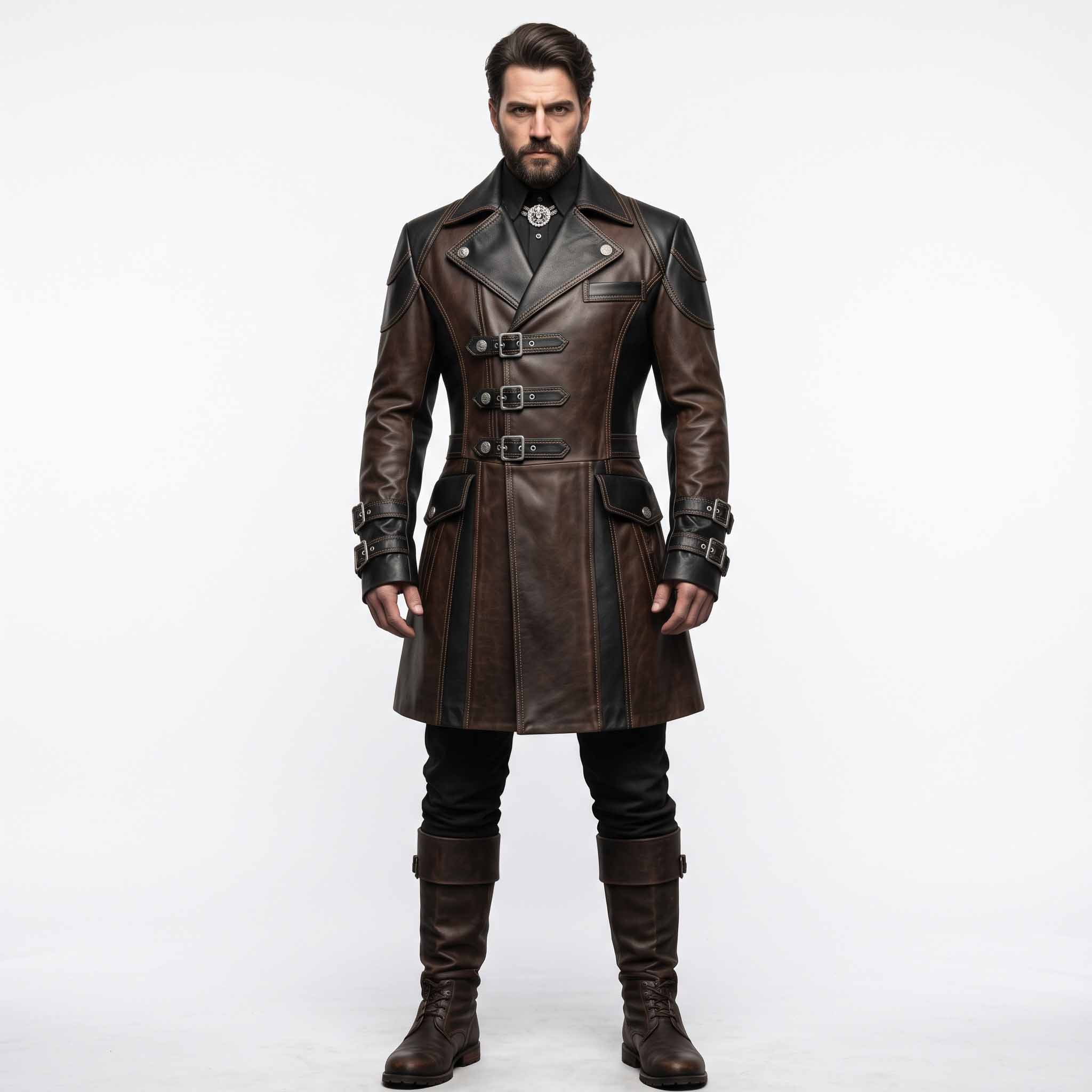 Full length front studio portrait of bearded man wearing handmade brown and black leather steampunk officer coat with tall riding boots on white background