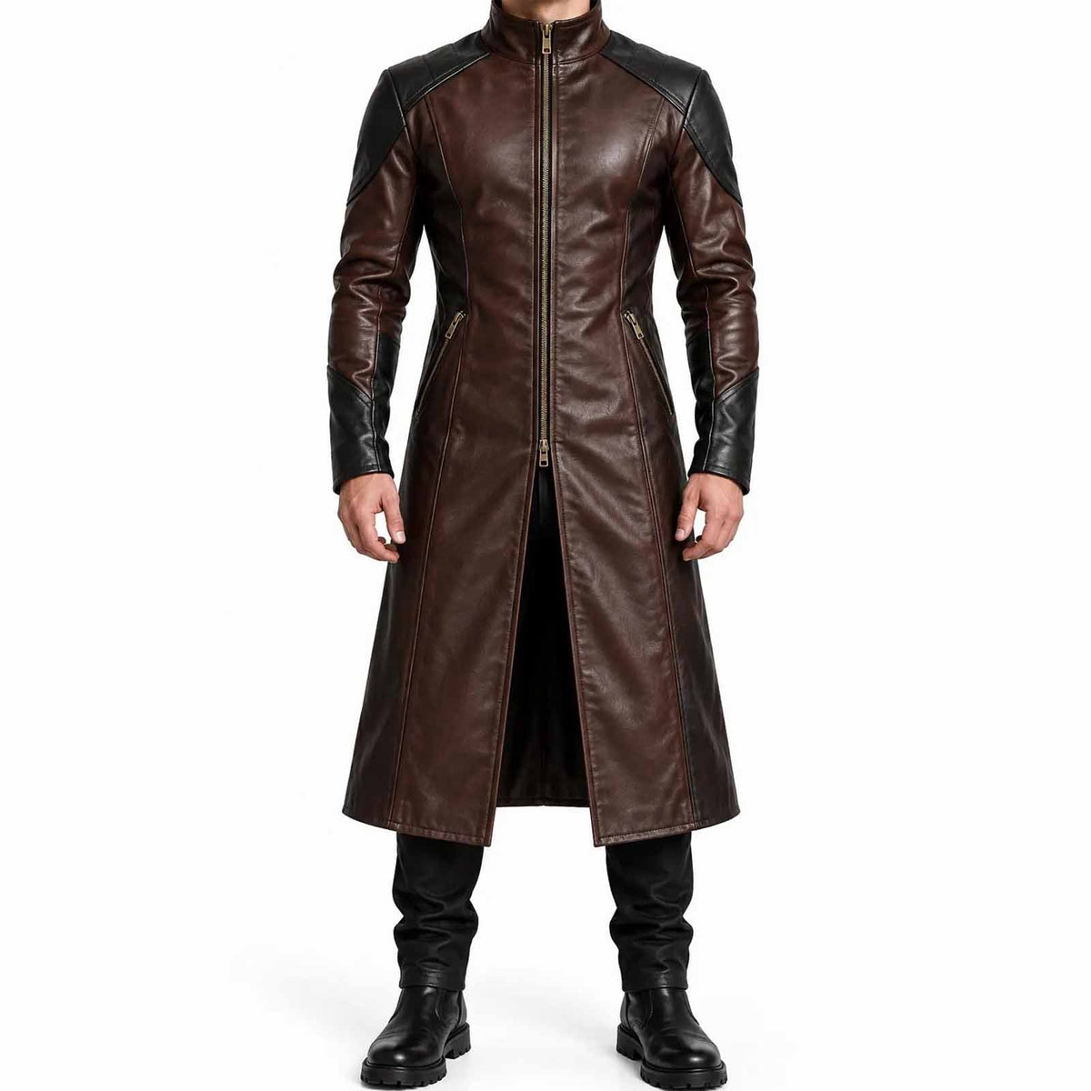 Full length front view of man wearing handmade two tone brown and black genuine cowhide leather trench coat with dual front zipper on white background