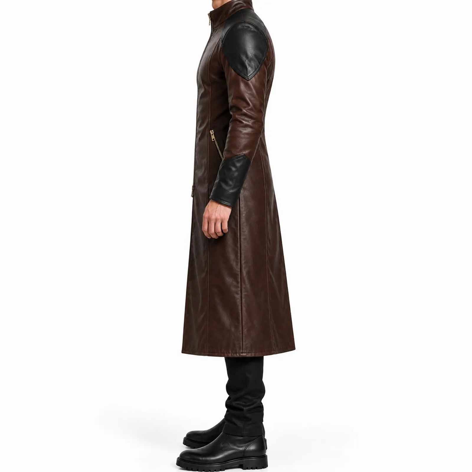 Side profile full length view of mens tailored brown and black leather trench coat showing fitted sleeve cuffs and high mandarin collar