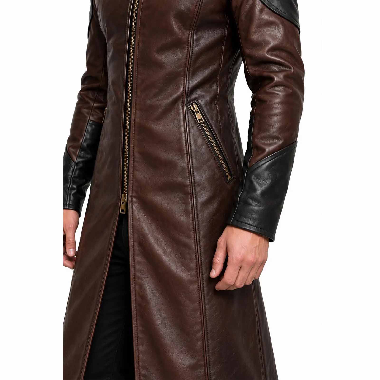 Close up view of brown cowhide leather coat detailing heavy duty front zipper, slanted zippered pocket, and black leather cuff panel