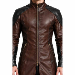 Front close up shot of mens two tone leather coat highlighting stand up collar, black shoulder caps, and central brass zipper placket