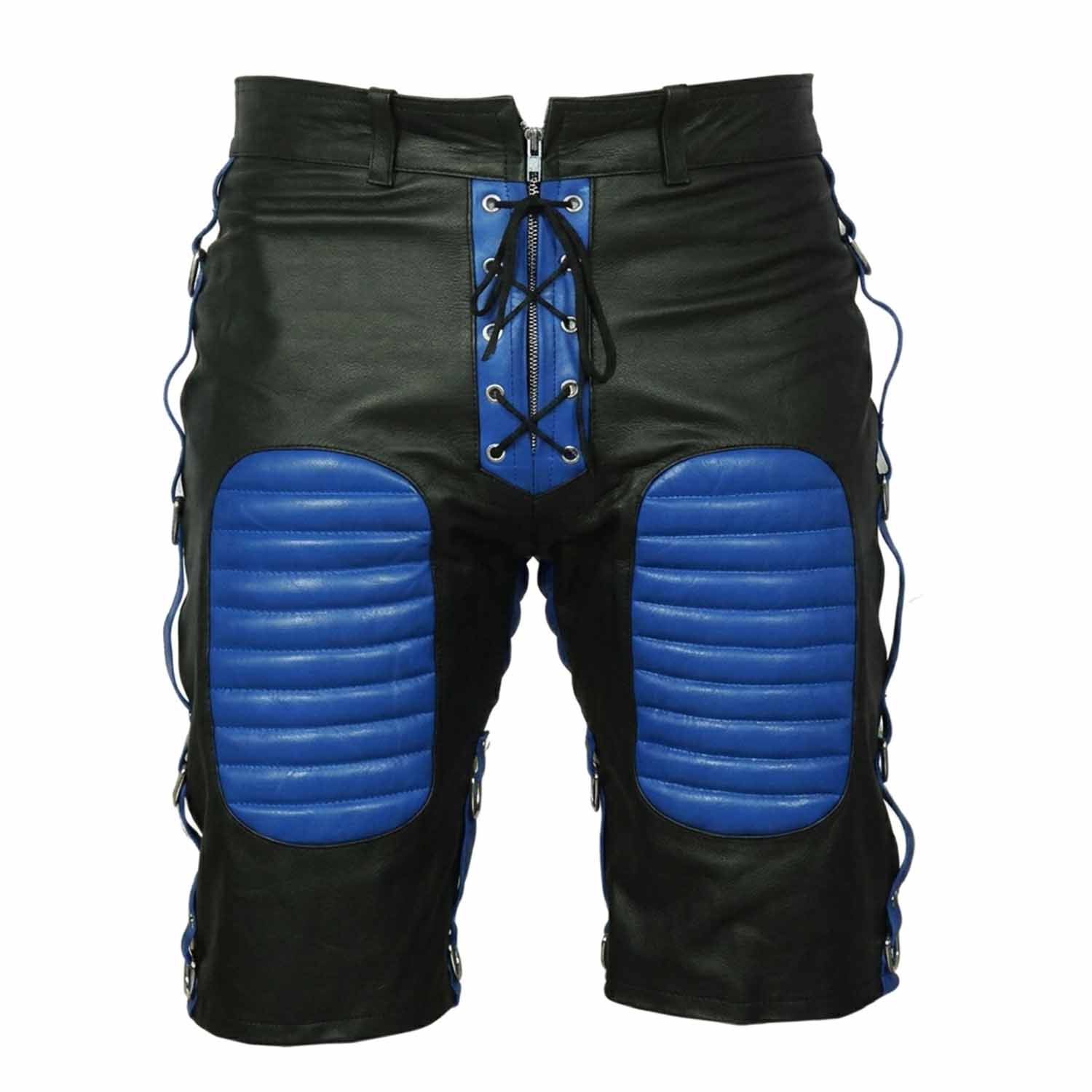 Front view of men's black cowhide leather bondage shorts featuring blue padded thigh panels, blue lace-up zip fly, and side D-ring straps.