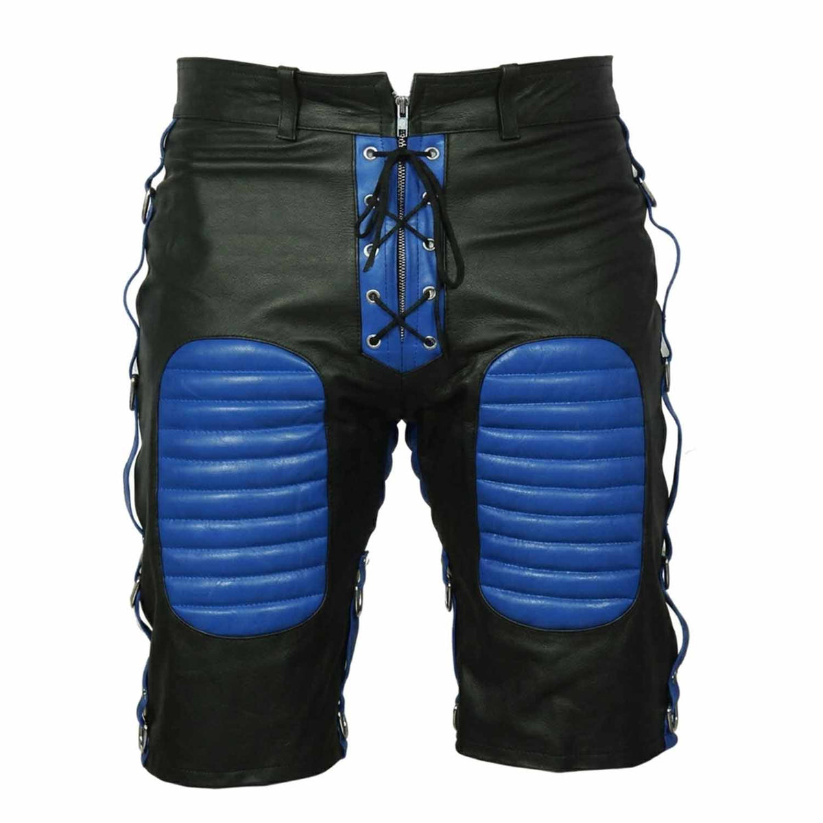 Front view of men's black cowhide leather bondage shorts featuring blue padded thigh panels, blue lace-up zip fly, and side D-ring straps.
