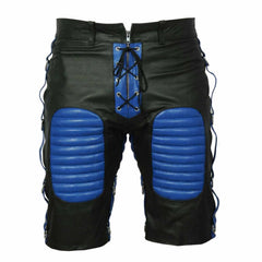 Front view of men's black cowhide leather bondage shorts featuring blue padded thigh panels, blue lace-up zip fly, and side D-ring straps.