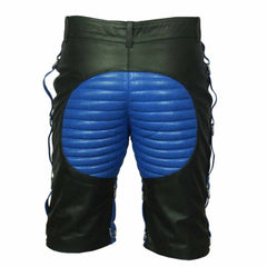 Back view of men's contrast leather clubwear shorts showing blue padded seat panel, belt loops, and side steel D-ring leg attachments.