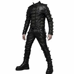 Front view of men's black cowhide leather bondage harness costume featuring multiple antique brass buckle straps and matching buckled pants.