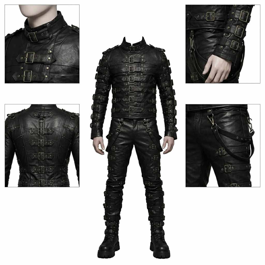 Full-length composite display of men's gothic leather harness outfit with close-ups of the high-stand collar, back buckles, chain hardware, and waist attachments.