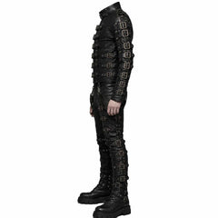 Side profile view of black leather buckled harness jacket and pants outfit displaying sleeve buckles and leg bands.
