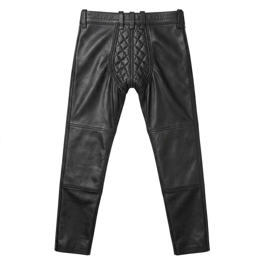Rear view of men's black leather trousers showing the tailored seat seam design and continuous YKK zipper track along the inner leg seam.