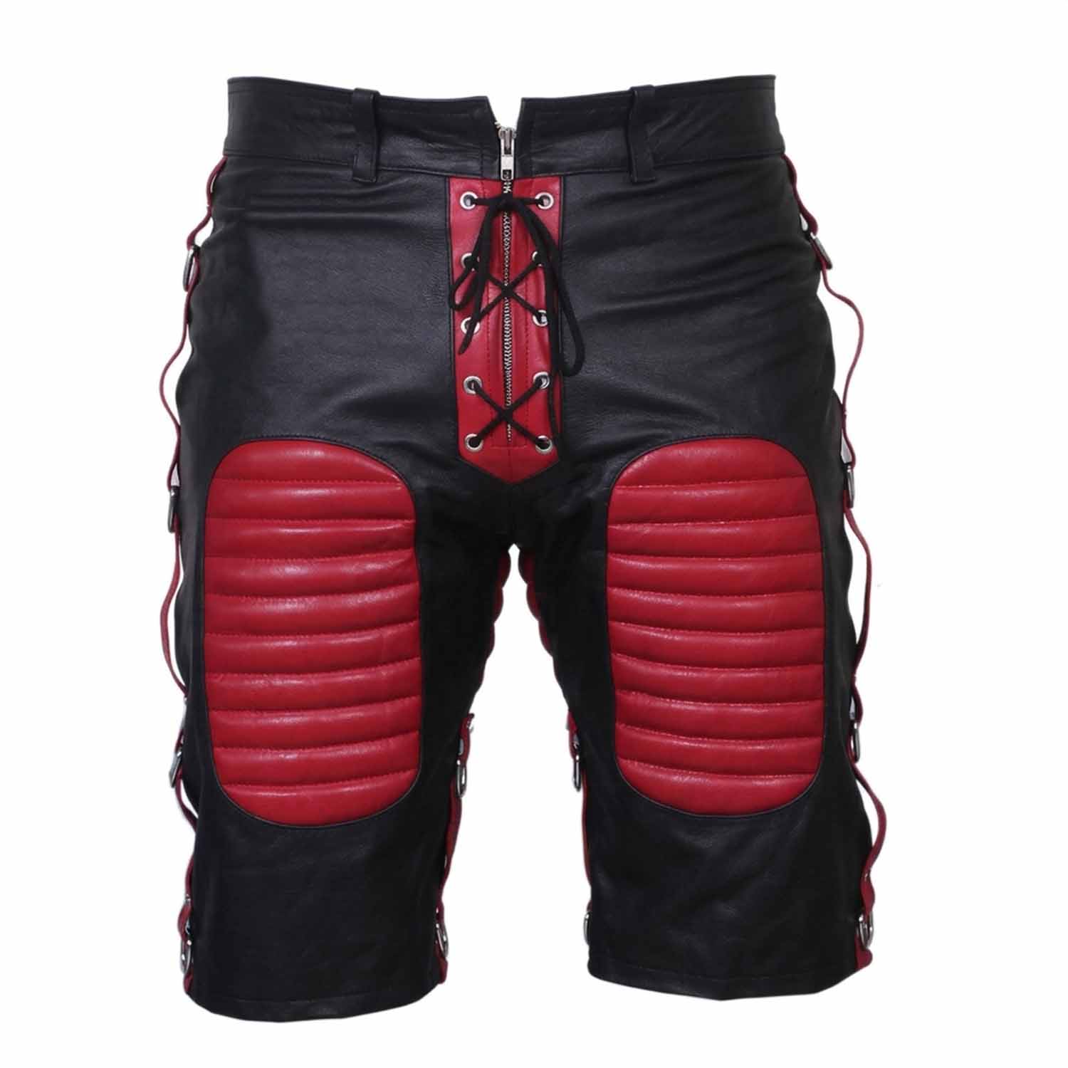 Front view of men's black cowhide leather bondage shorts featuring red padded thigh panels, red lace-up zip fly, and side D-ring straps.