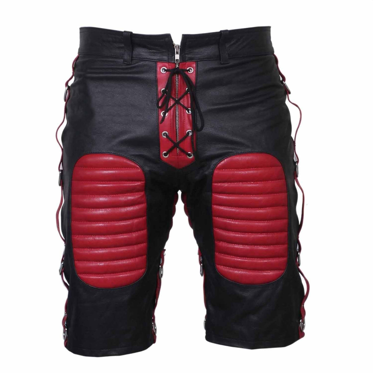 Front view of men's black cowhide leather bondage shorts featuring red padded thigh panels, red lace-up zip fly, and side D-ring straps.