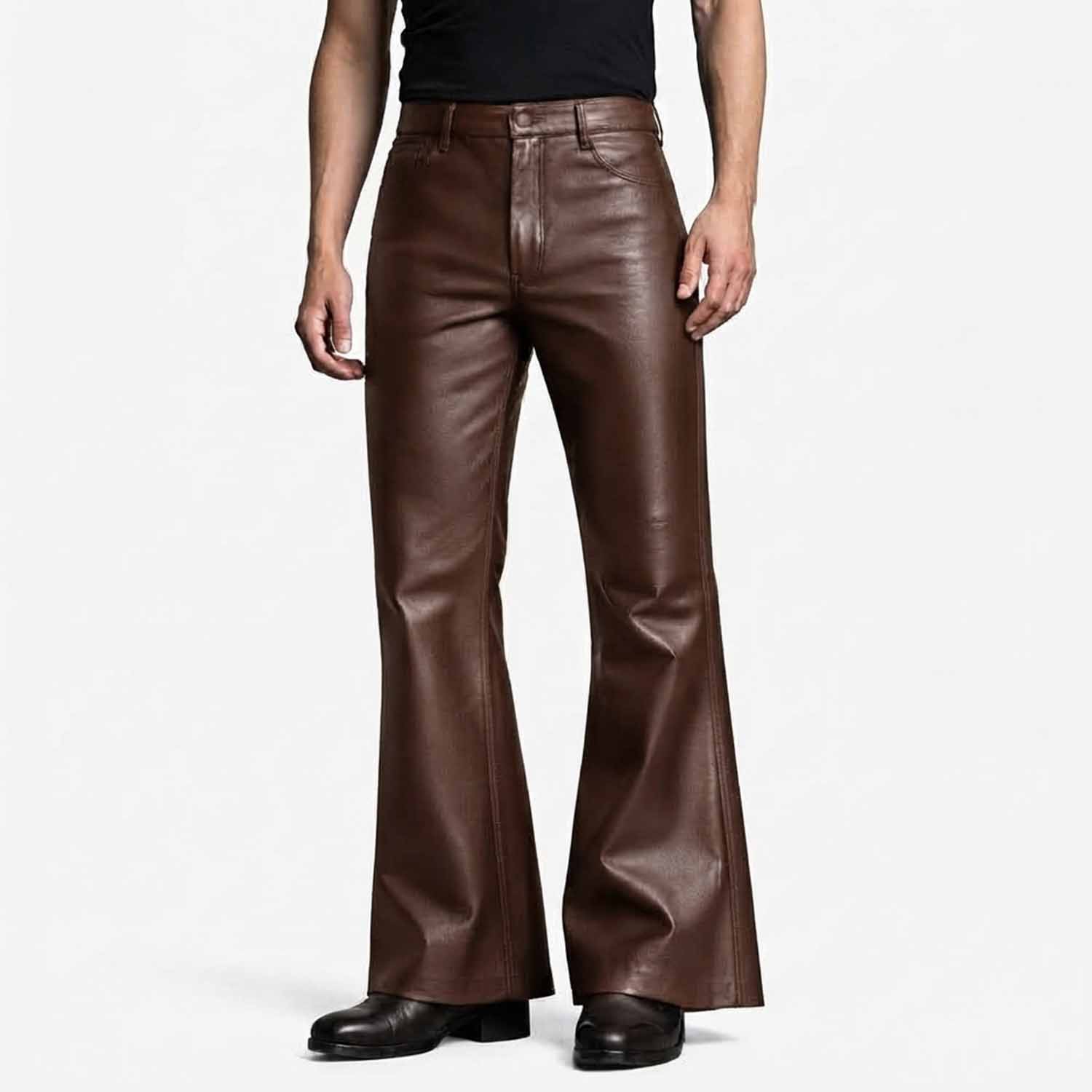 Front view of a man wearing dark brown genuine lambskin leather bell bottom pants with a high waist and wide flared hem.