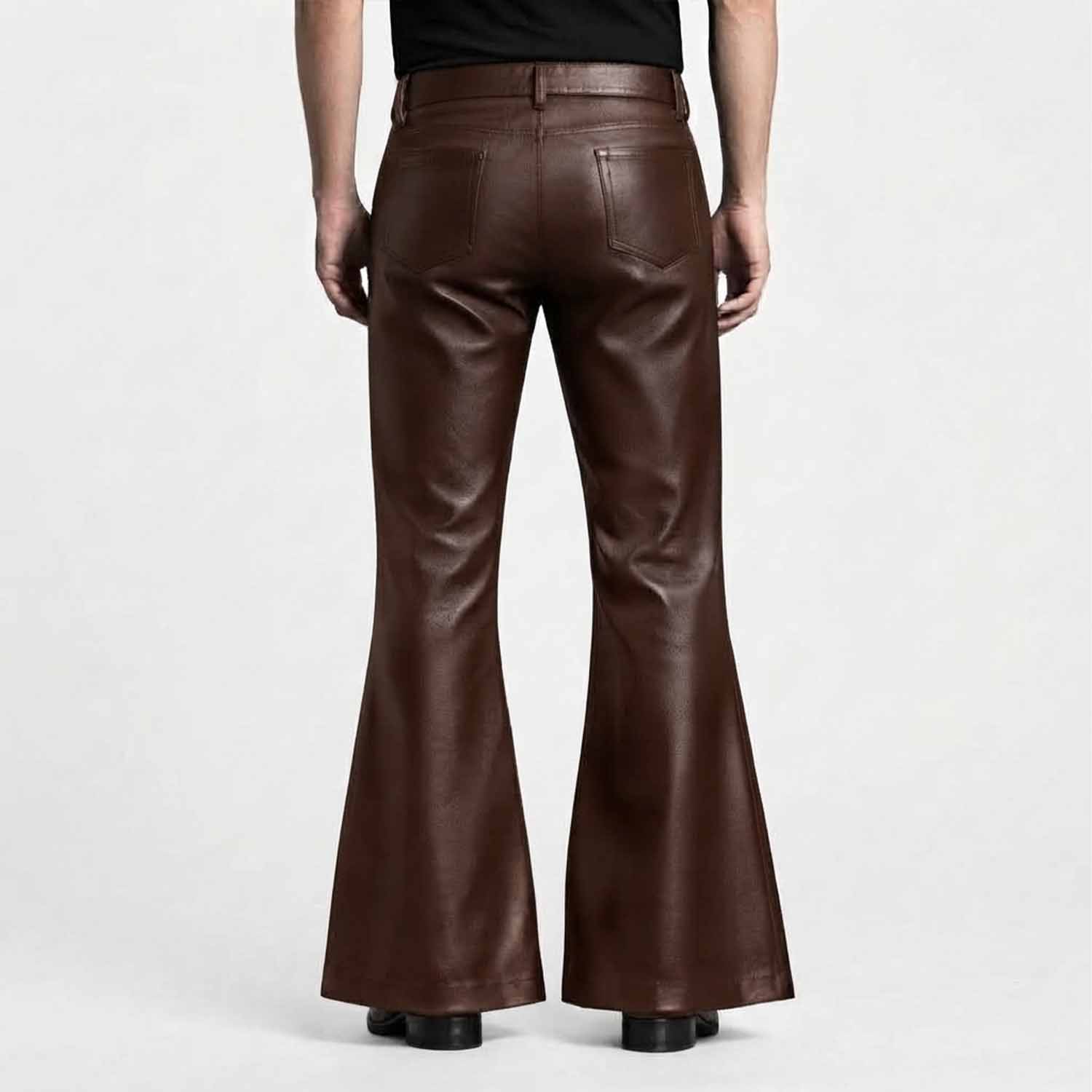 Rear view showcasing the clean back pockets, high waist cut, and wide flared leg opening on black leather trousers.