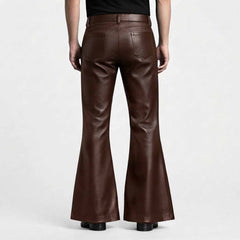 Rear view showcasing the clean back pockets, high waist cut, and wide flared leg opening on black leather trousers.