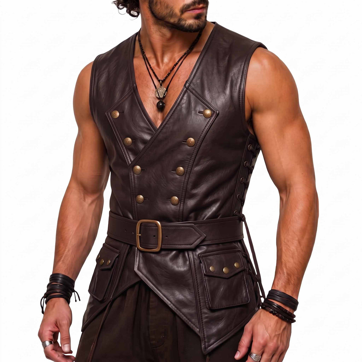 Athletic man wearing handmade dark brown leather medieval vest with double breasted brass buttons, waist belt, and cargo flap pockets