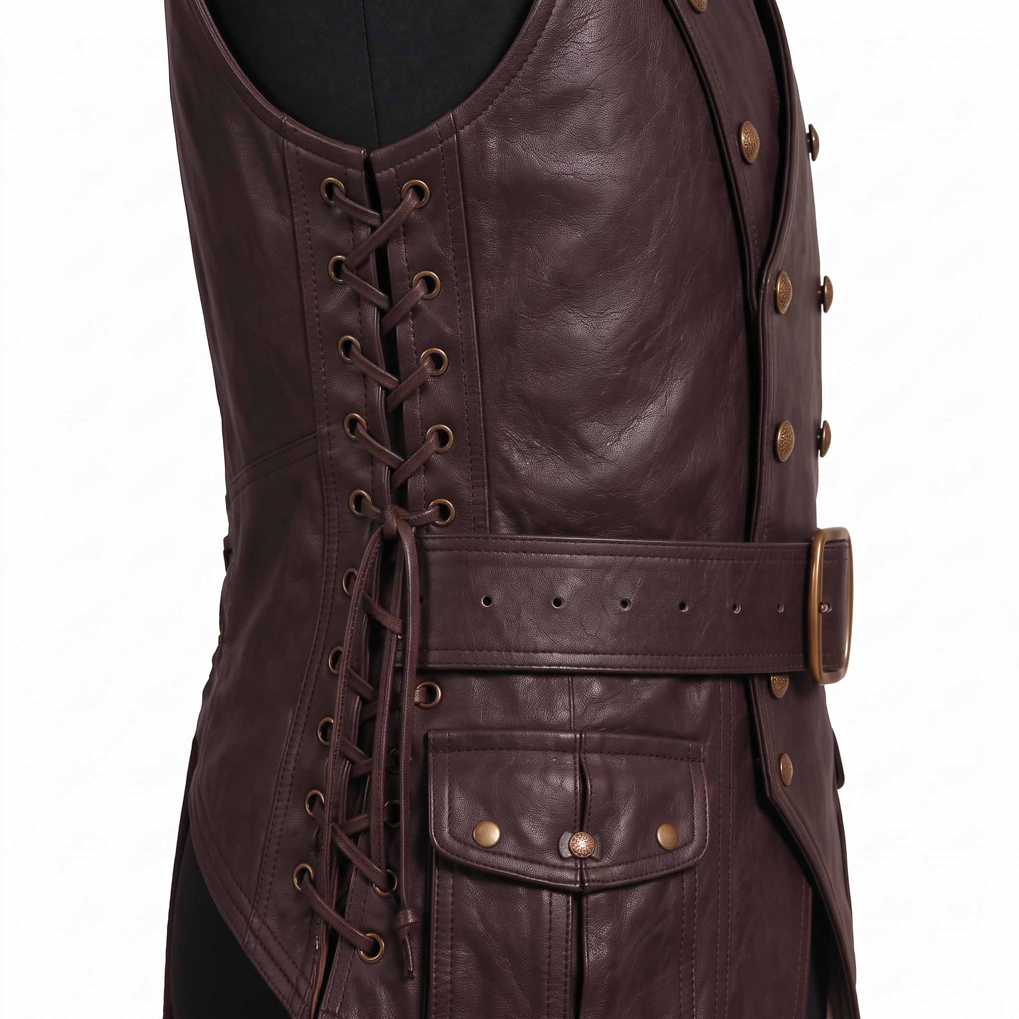 Two panel studio comparison showing front double breasted button placket and rear corset lace up back of dark brown leather medieval waistcoat