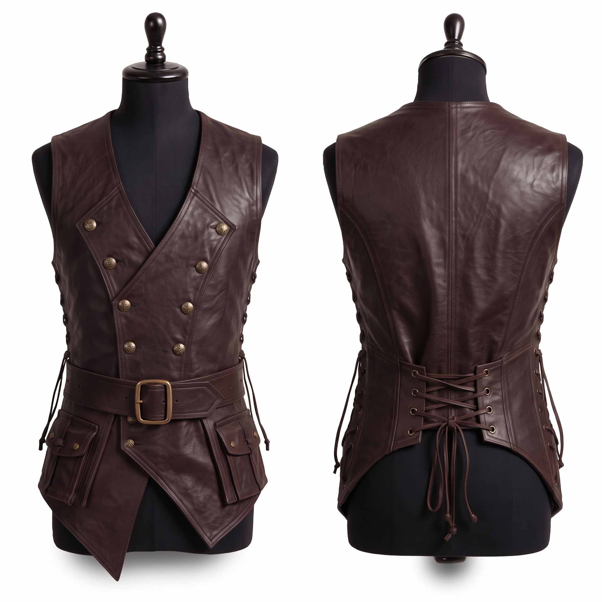 Two panel studio comparison showing front double breasted button placket and rear corset lace up back of dark brown leather medieval waistcoat