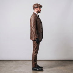 Men's Distressed Brown Leather 4-Piece Suit Set | Vintage Victorian Steampunk Blazer, Waistcoat, Pants & Newsboy Flat Cap