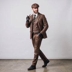 Men's Distressed Brown Leather 4-Piece Suit Set | Vintage Victorian Steampunk Blazer, Waistcoat, Pants & Newsboy Flat Cap