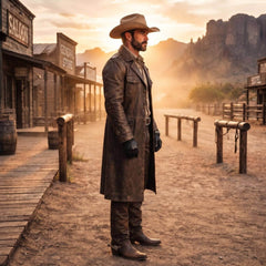 Side profile view of man in dusty western street wearing knee-length weathered brown leather trench coat and straight-leg trousers