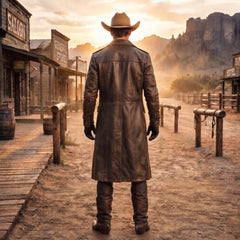Rear full body view of cowboy looking down desert road showing tailored back yoke and split riding vent of brown leather duster coat