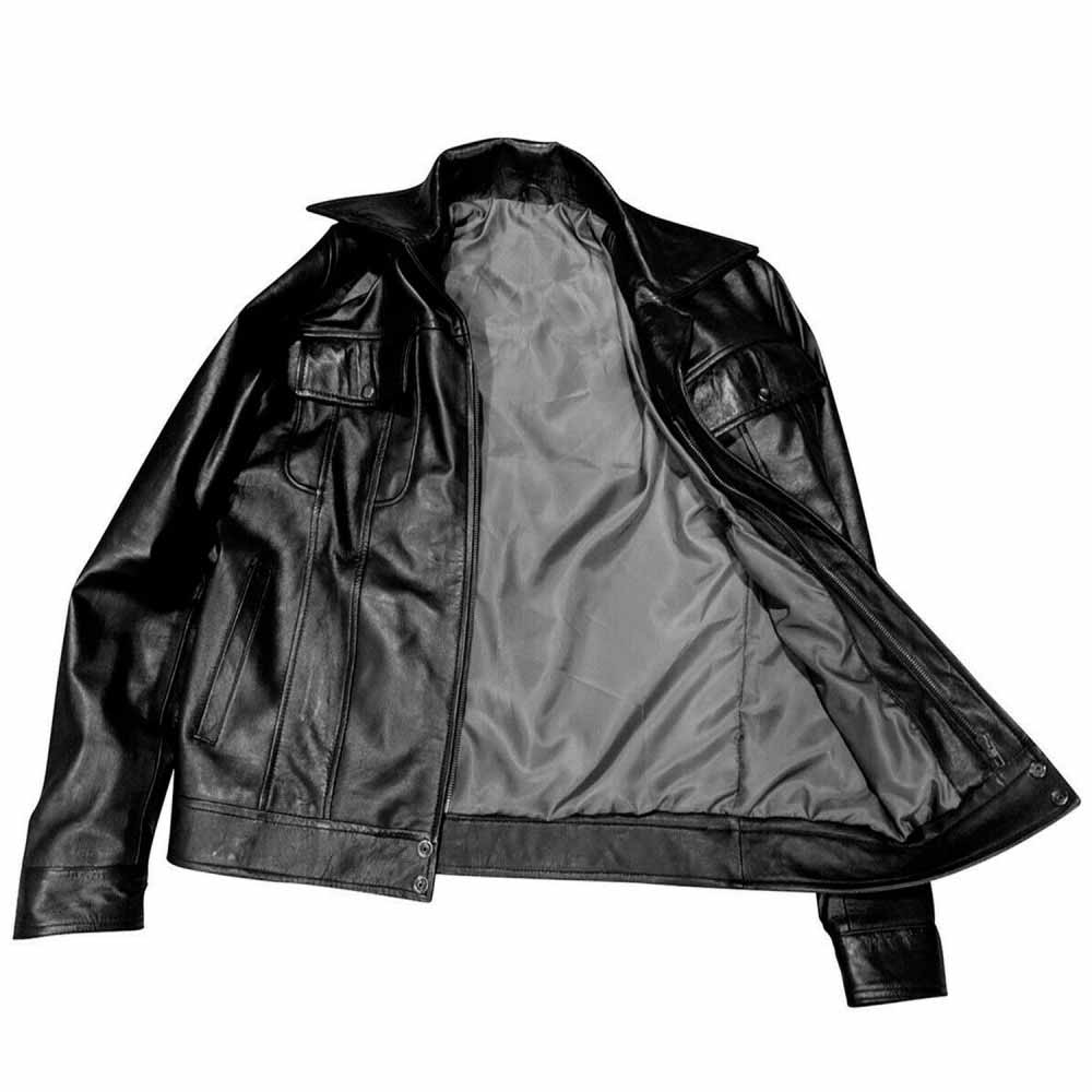 Flat lay view of a men's black lambskin leather jacket wide open, showcasing the grey inner lining and full front zipper.