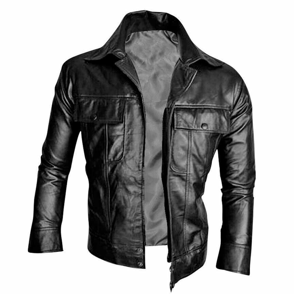 Front view of an unzipped men's black lambskin leather jacket showing the inner lining and wide retro collar.