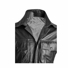 Close-up of the wide open collar and inner polyester lining construction on a black leather jacket.