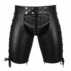 Men's Genuine Black Cow Leather Laced Chaps Club wear Shorts With Jockstrap